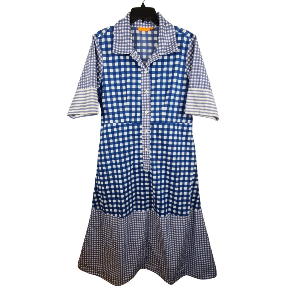 Oliphant Blue Gingham Mixed Print Cotton Shirt Dress Womens Large Short Sleeve